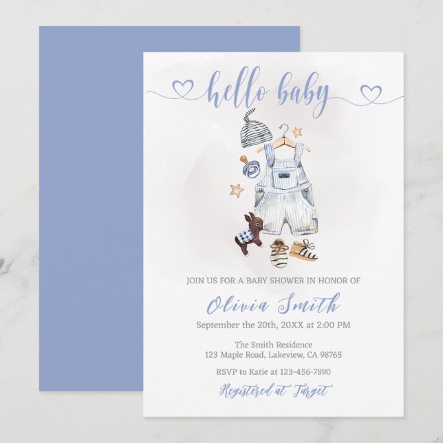Invitation Aquarelle Boho Blue Clothes Baby shower garçon (Devant / Derrière)