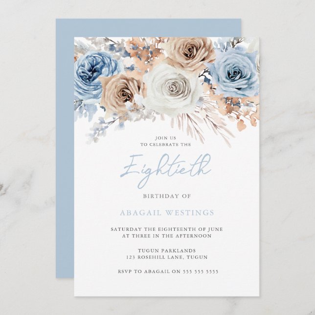 Invitation Aquarelle Boho Blue Floral 80e fête d'anniversaire (Devant / Derrière)