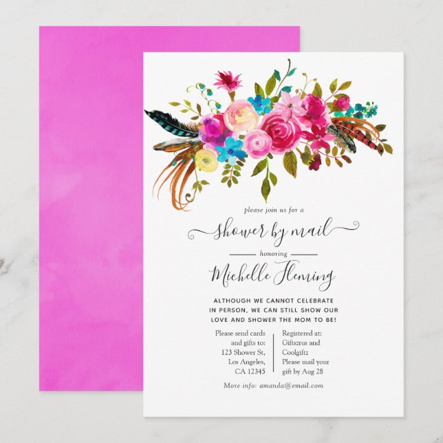 Invitation Aquarelle Boho Chic Floral Baby shower par Mail (Devant / Derrière)