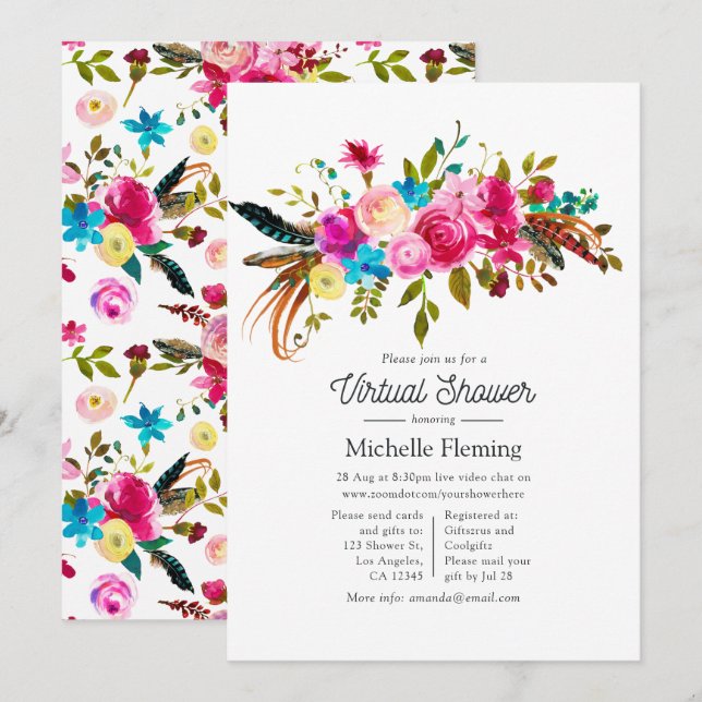 Invitation Aquarelle Boho Chic Floral Baby shower virtuel (Devant / Derrière)