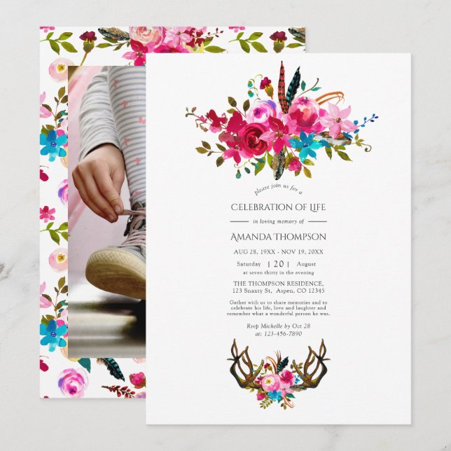 Invitation Aquarelle Boho Chic Floral Célébration de la vie (Devant / Derrière)