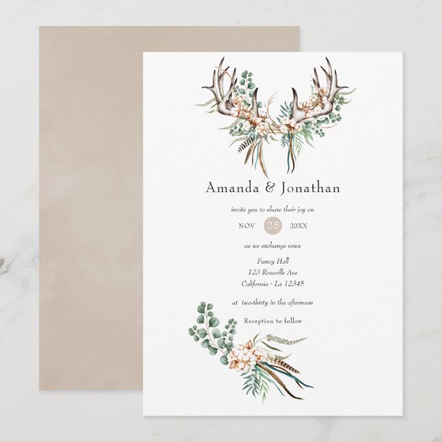Invitation Aquarelle Boho Coton et Eucalyptus Mariage Bohème (Devant / Derrière)