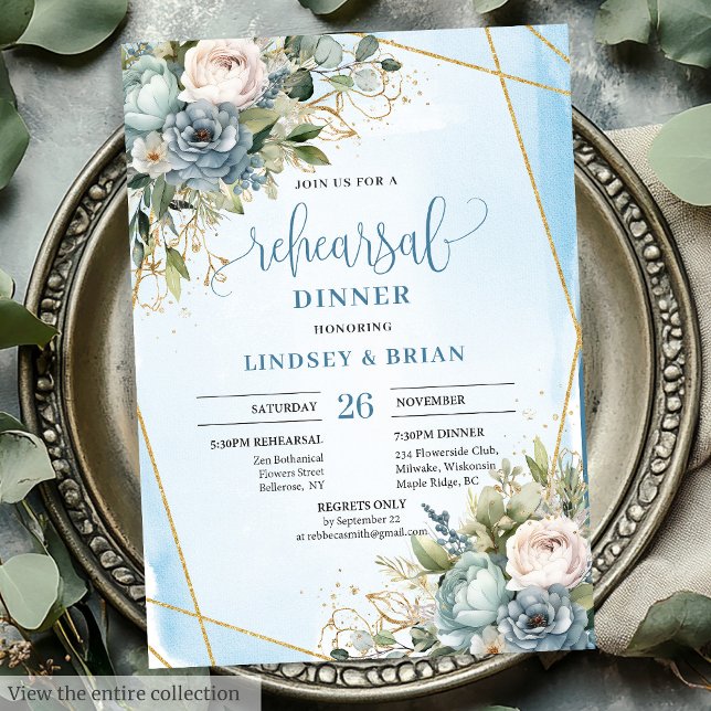 Invitation Aquarelle Boho Dusty Blue Gold Parties scintillant (Watercolor Dusty Blue Gold Glitter Rehearsal Dinner)