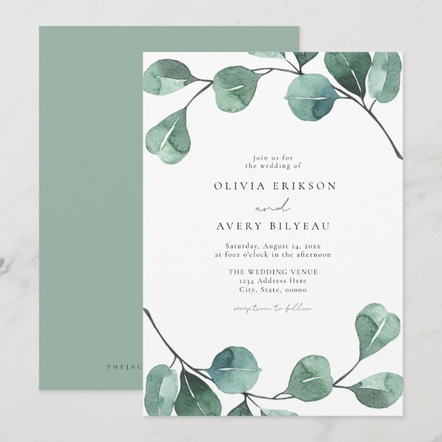 Invitation Aquarelle Boho Eucalyptus Mariage vert (Devant / Derrière)
