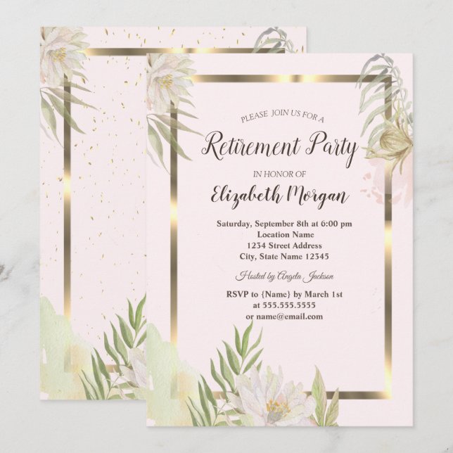 Invitation Aquarelle Boho Flowers Gold Frame Retirement (Devant / Derrière)