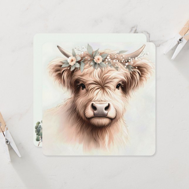Invitation Aquarelle Boho Highland Vache avec tête nuptiale (Devant/Arrière en situation)