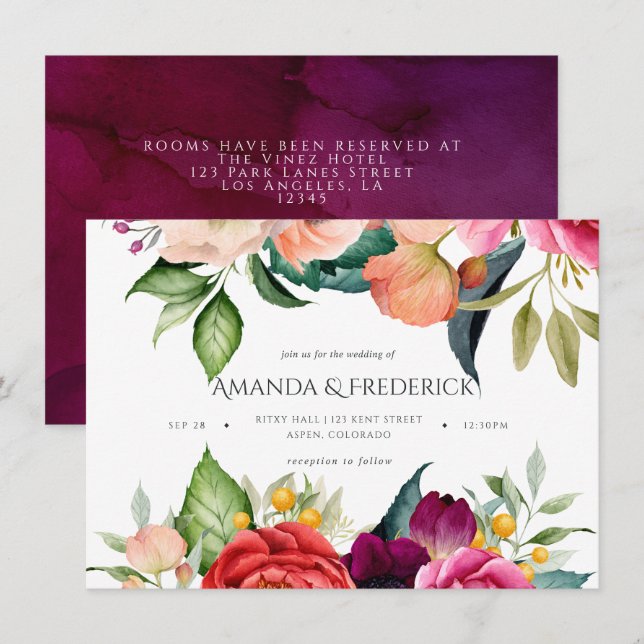 Invitation Aquarelle Boho Mariage Floral (Devant / Derrière)