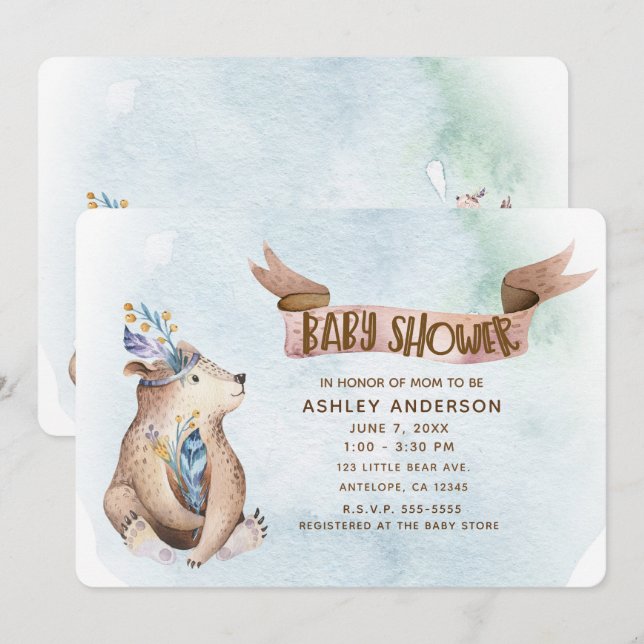 Invitation Aquarelle Boho Ours Rustique Animaux Baby shower (Devant / Derrière)