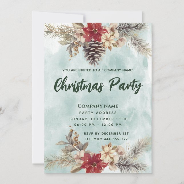 Invitation Aquarelle Boho Pine branche cône Noël fête (Devant)