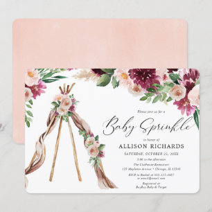 Invitation Aquarelle Boho rose bordeaux saupoudrée fleurie