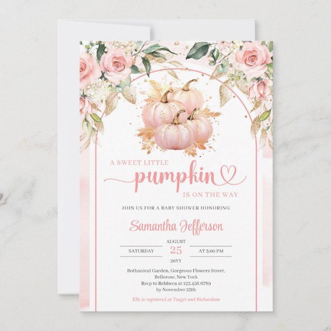 Invitation Aquarelle boho rose et or citrouille arche fleurie (Devant)