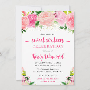Invitation Aquarelle Boho rose Fleurs d'été Sweet sixteen