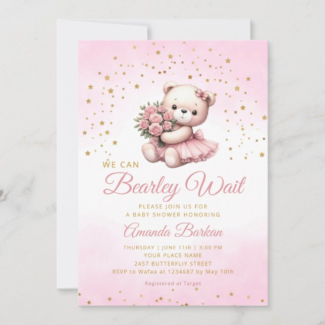 Invitation Aquarelle Boho rose Teddy Bear Baby shower fille (Devant)