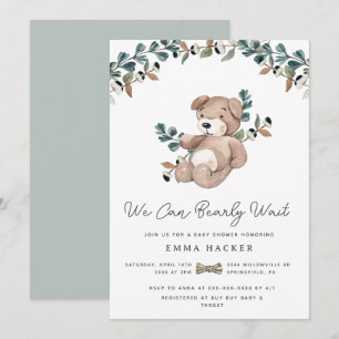 Invitation Aquarelle Boho Teddy Bear Baby shower de verdure