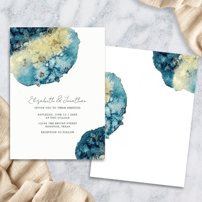 Invitation Aquarelle Boho Unique Marine Bleu Simple Mariage (Front/Back)
