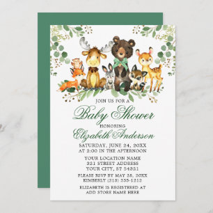 Invitation Aquarelle Bois Animaux Baby shower Bow vert