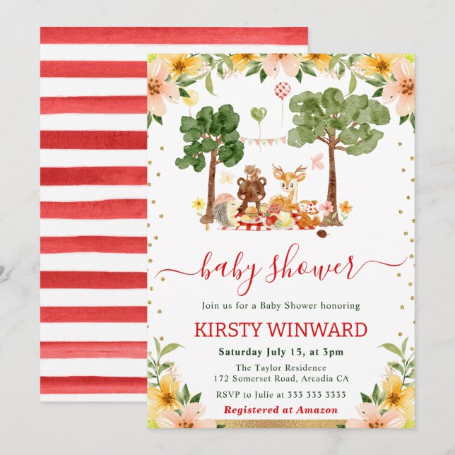Invitation Aquarelle Bois Animaux Baby shower de pique-nique (Devant / Derrière)