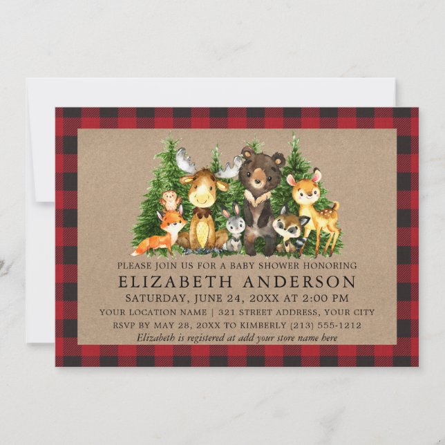 Invitation Aquarelle Bois Animaux Baby shower Rustique (Devant)