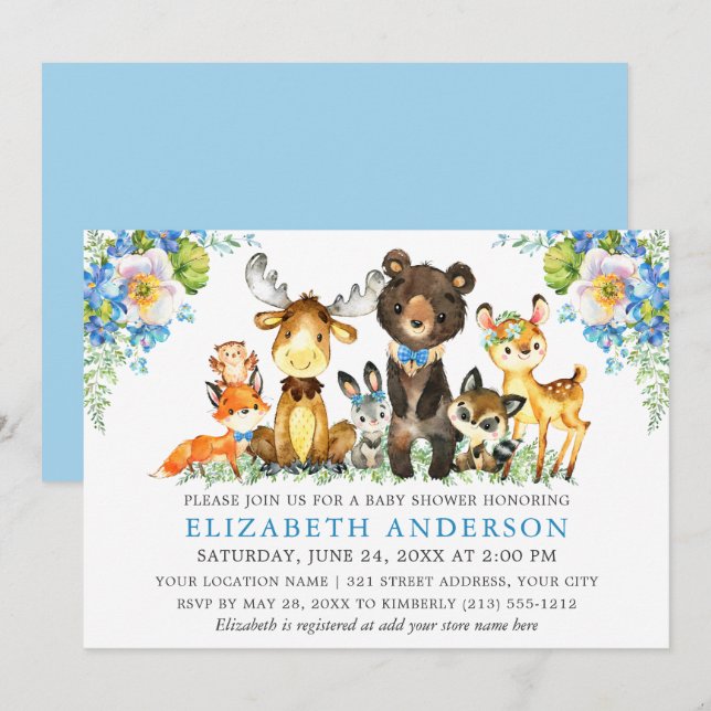 Invitation Aquarelle Bois Animaux Bleu Floral (Devant / Derrière)
