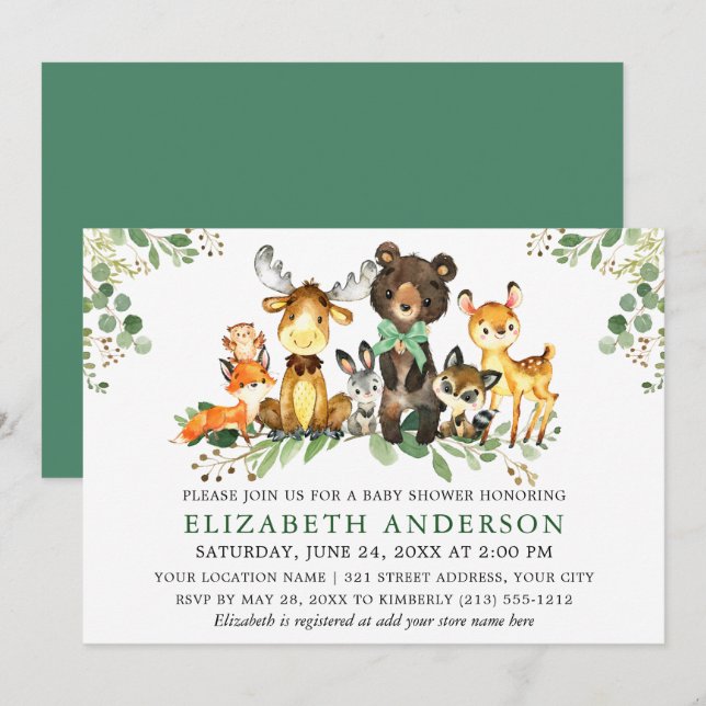 Invitation Aquarelle Bois Animaux Bow Baby shower (Devant / Derrière)