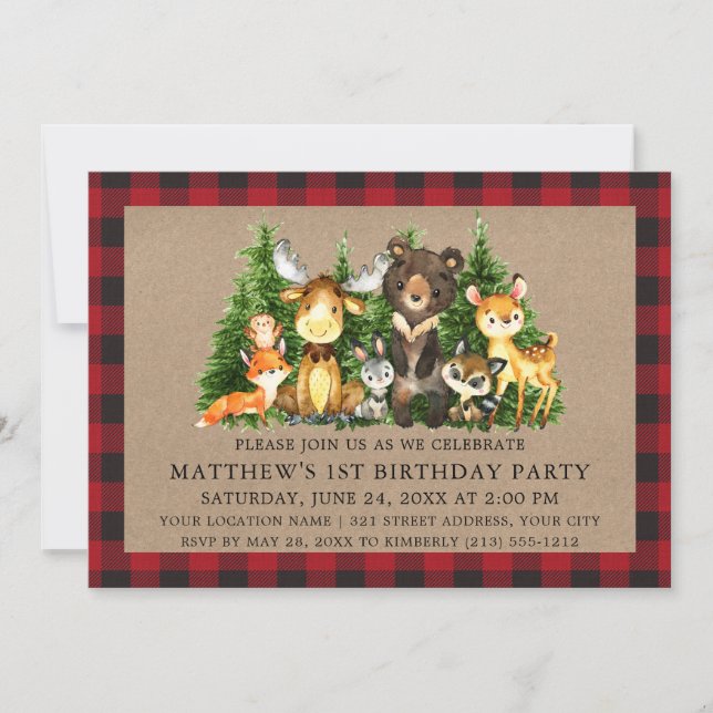 Invitation Aquarelle Bois Animaux Première Anniversaire Rusti (Devant)