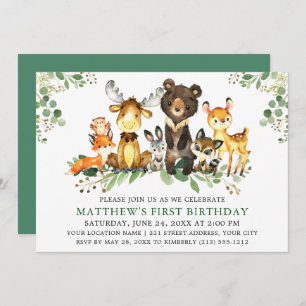 Invitation Aquarelle Bois Animaux Première Anniversaire Vert