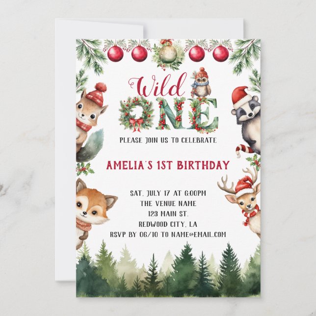 Invitation Aquarelle Bois Animaux Sauvages Un 1er anniversair (Devant)