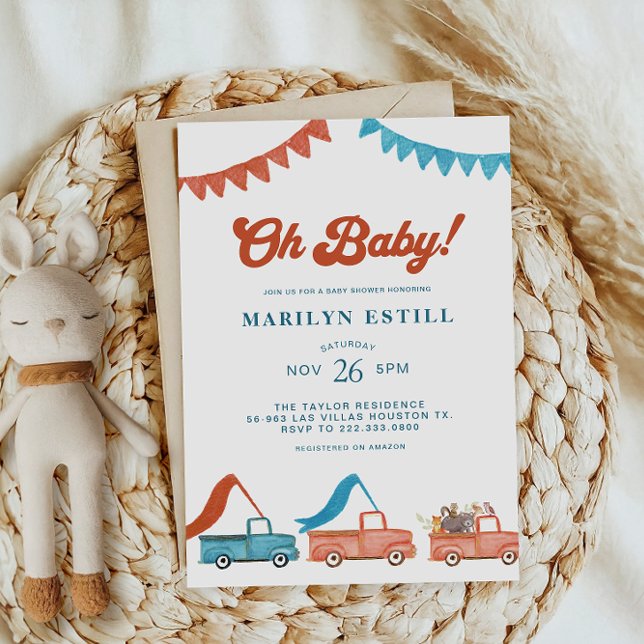 Invitation Aquarelle Bois Baby shower bleu rouge (Créateur téléchargé)