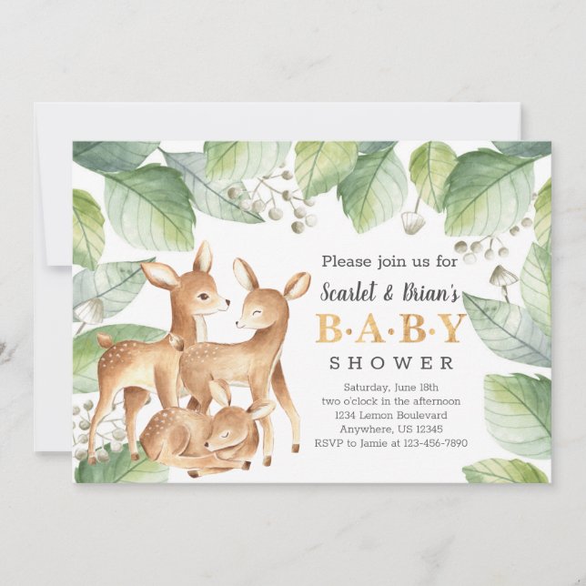 Invitation Aquarelle Bois Baby shower de cerfs sauvages (Devant)