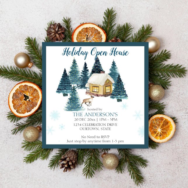 Invitation Aquarelle bois d'hiver cabine maison de vacances o (Holiday open house Christmas party editable template invitation digital download)
