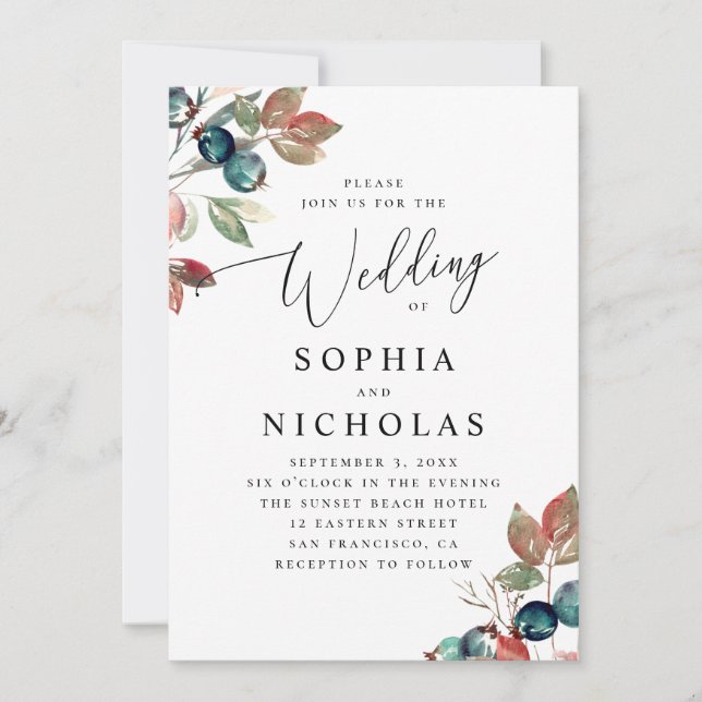 Invitation Aquarelle bois fleurs mariage de baies d'automne (Devant)