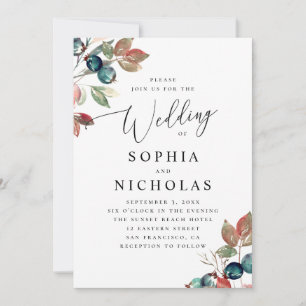 Invitation Aquarelle bois fleurs mariage de baies d'automne