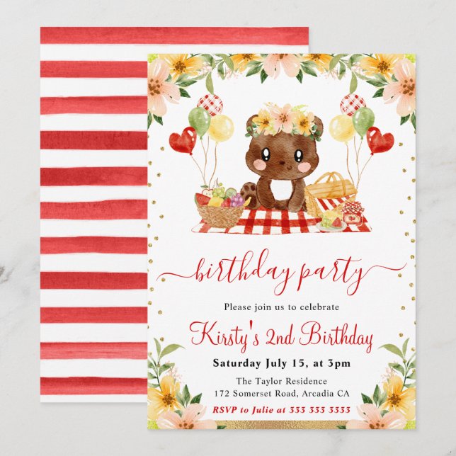 Invitation Aquarelle Bois Ours Pique-nique Anniversaire (Devant / Derrière)