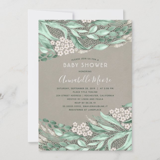 Invitation Aquarelle botanique Baby shower verdoyant (Devant)