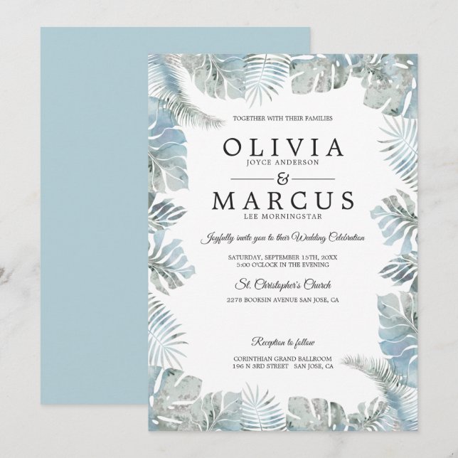 Invitation Aquarelle botanique bleu pâle Dusty Mariage (Devant / Derrière)