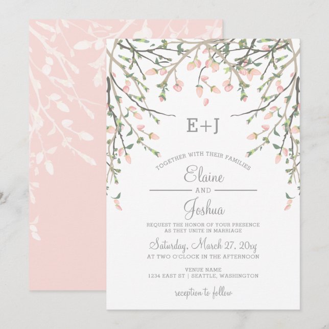 Invitation Aquarelle Botanique Blush rose Mariage Floral (Devant / Derrière)