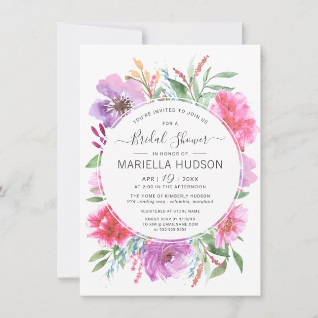 Invitation Aquarelle Botanique Bouquet Fête des mariées Invit (Devant)