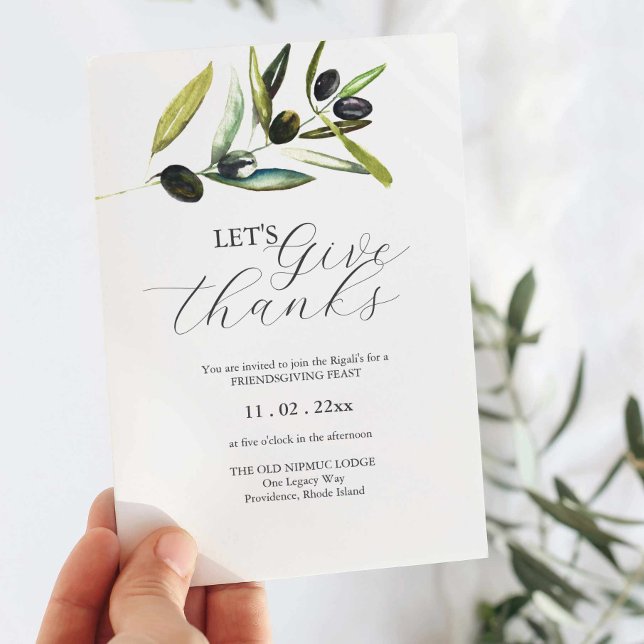 Invitation Aquarelle botanique Branche de l'olivier Amitié (Thanksgiving invitations watercolor olive branch art by Victoria Grigaliunas of Do Tell A Belle)