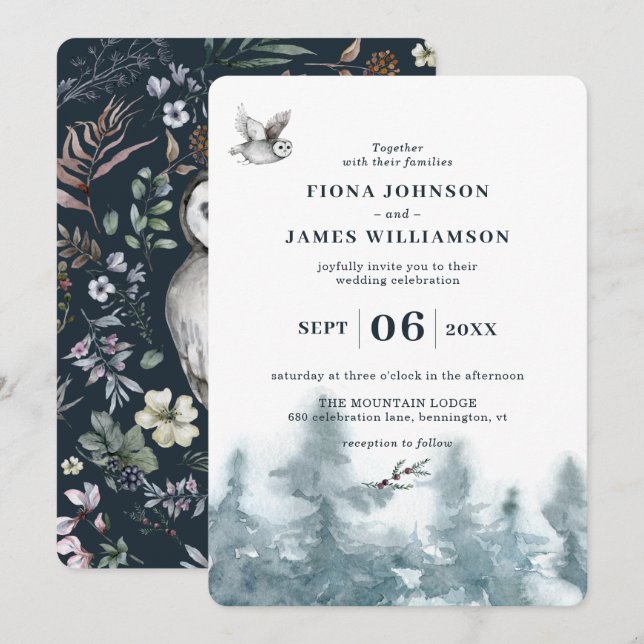 Invitation Aquarelle Botanique Chouette Botanique Mariage (Devant / Derrière)