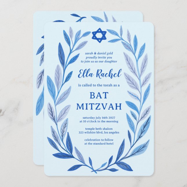 Invitation Aquarelle botanique CUSTOM QR Bar Bat mitzvah (Devant / Derrière)