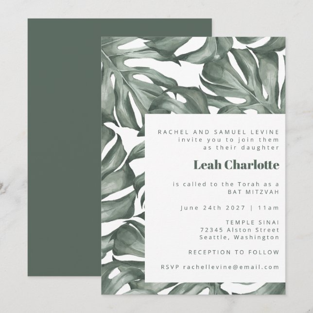 Invitation Aquarelle botanique de Monstera Bat mitzvah vert (Devant / Derrière)