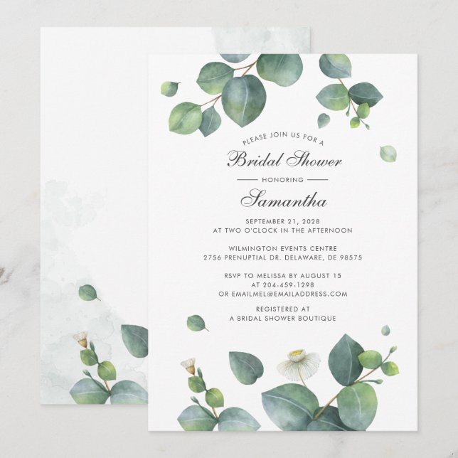 Invitation Aquarelle Botanique Eucalyptus Fête des mariées (Devant / Derrière)
