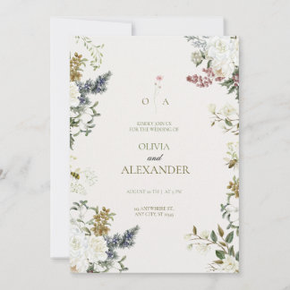 Invitation Aquarelle botanique Evergreen & Rose Blanche lunat