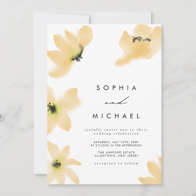 Invitation Aquarelle Botanique Fleurs Jaunes Mariage (Devant)
