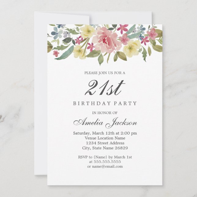 Invitation Aquarelle botanique floue 21ème anniversaire (Devant)