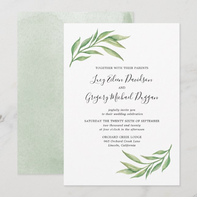 Invitation Aquarelle Botanique Mariage Feuille (Devant / Derrière)