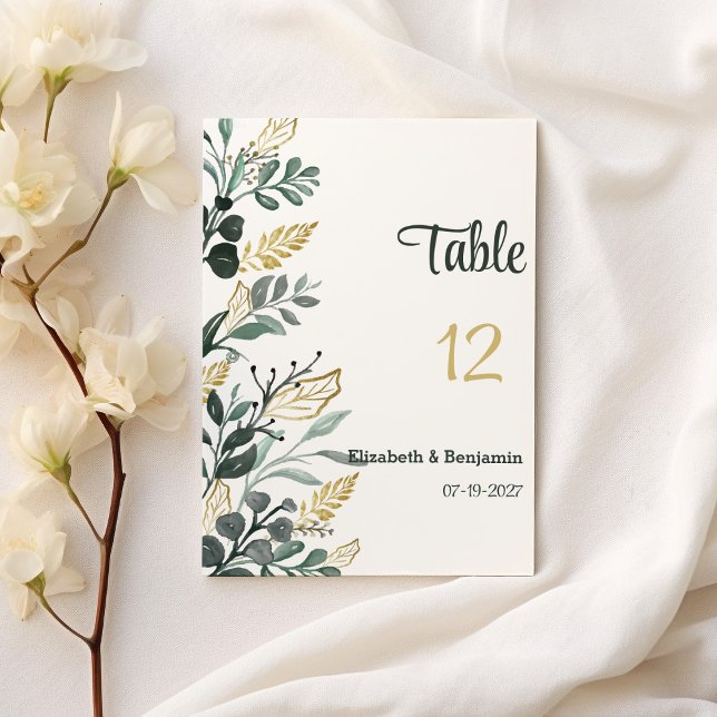 Invitation Aquarelle botanique or verdure Nombre de tableaux (Botanical watercolor gold greenery Table Numbers)