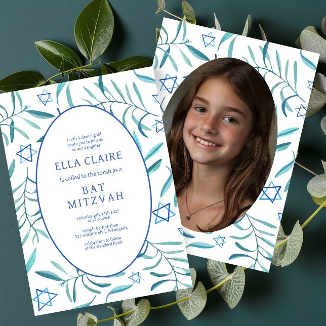 Invitation Aquarelle Botanique Star Bar Bat mitzvah Photo (Watercolor Botanical Star Bar Bat Mitzvah Custom Photo Invitation
)
