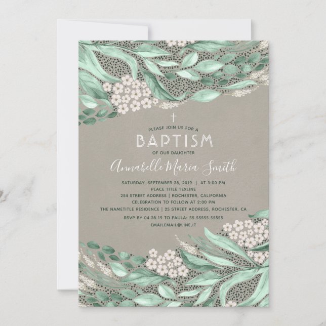 Invitation Aquarelle botanique Verdure Baptême (Devant)