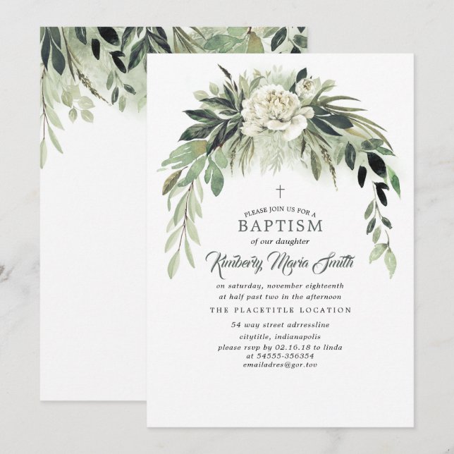 Invitation Aquarelle botanique Verdure Garland Baptême (Devant / Derrière)